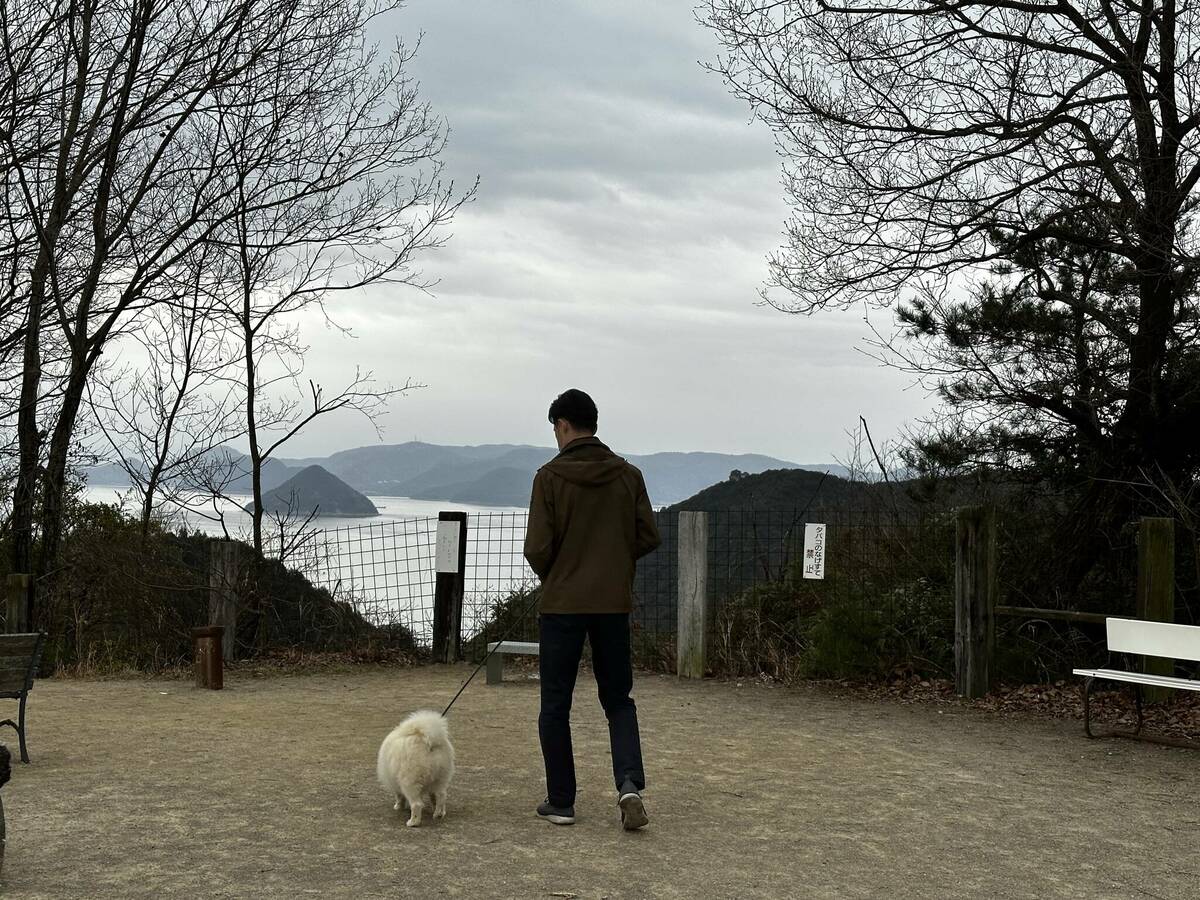園内を犬と散歩している写真