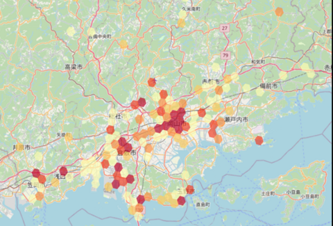 岡山県を中心に人の動きで可視化したヒートマップの様子のイメージ画像