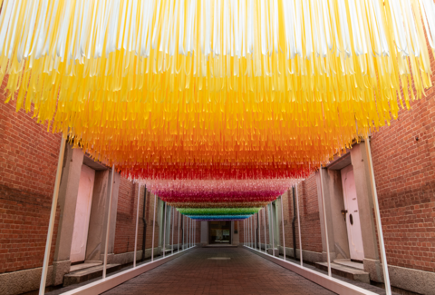 倉敷アイビースクエアにてカモ井加工紙創業100周年記念イベント開催。画像はエマニュエル・ムホー氏が2013年から手掛けている100色で空間を構成するインスタレーションシリーズの作品である「100 colors」